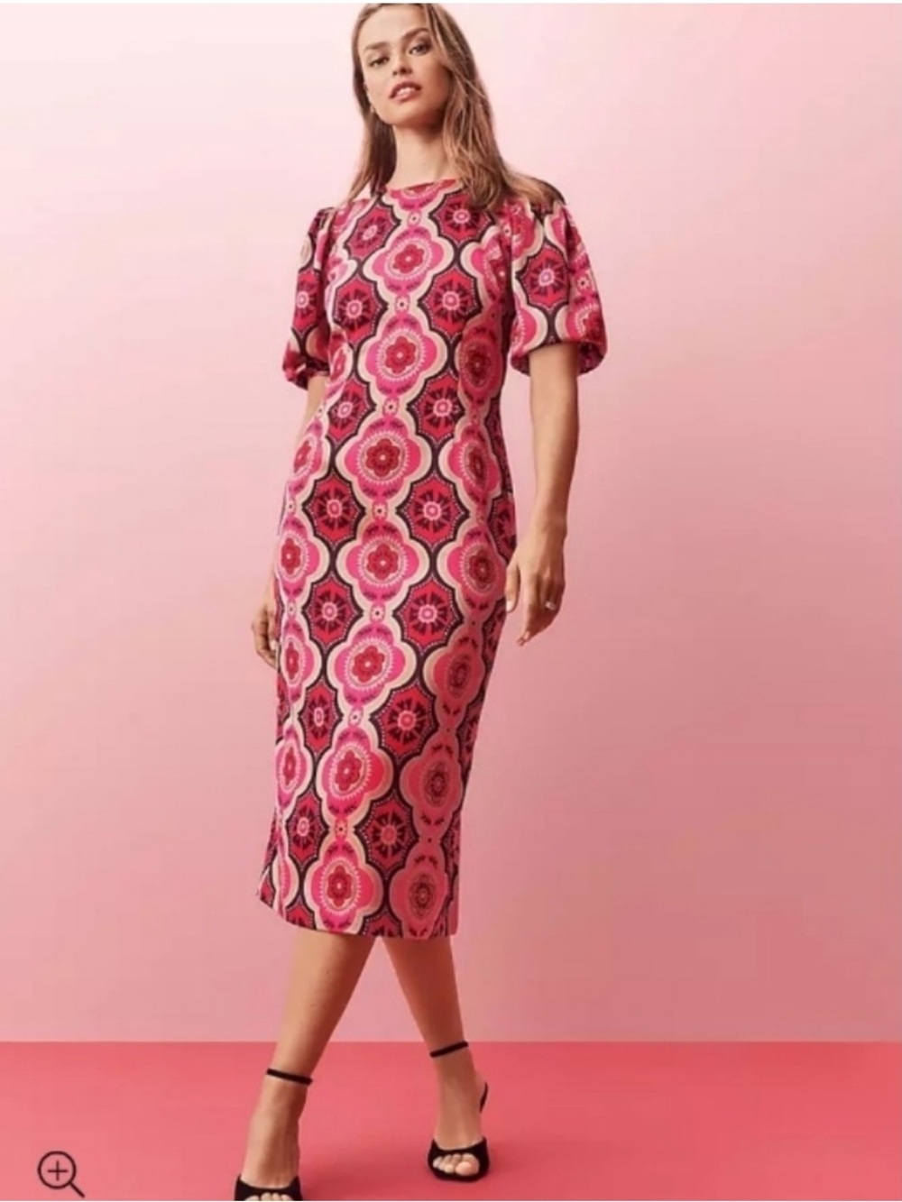 Ann Taylor Geo Puff Sleeve Sheath Dress Pink & Red Geometric Print Size 2P